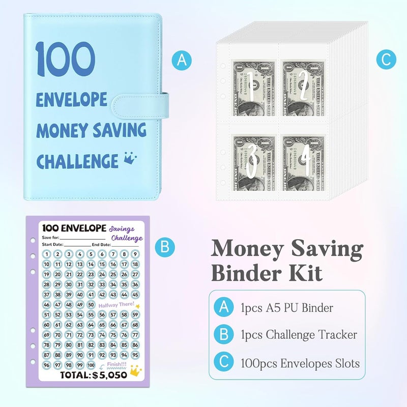 Fabmaker 100 Envelopes Money Saving Challenge Binder, A5 Savings Challenges Book with Envelopes & Reusable Tracker, Savings Binder - Save $5050 in Fun & Motivating Way, A5 - Image 2
